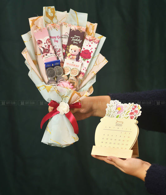 CB013 + Floral Calendar : Valentine Special Chocolate Bouquet with Premium Jhumkas