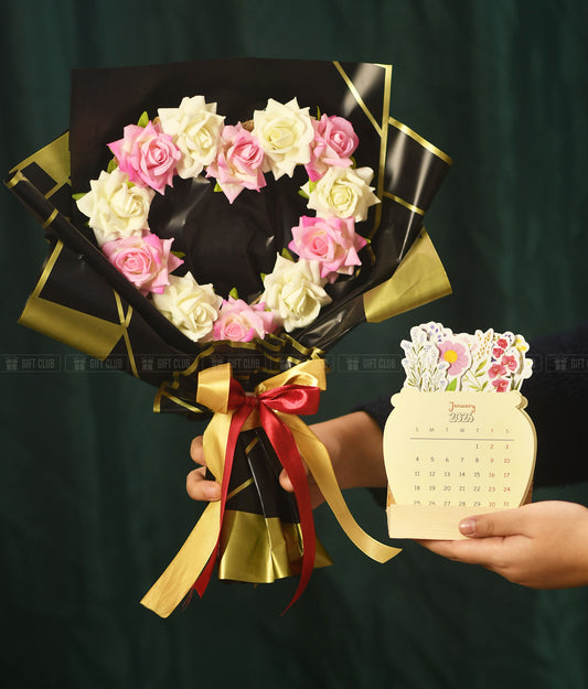 FB05 + Floral Calendar : Golden Love - Premium Heart Shape Rose Bouquet