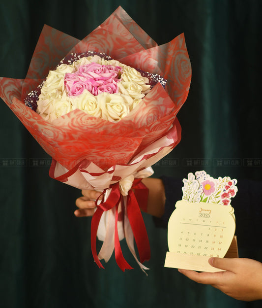 FB03 + Floral Calendar : Blushing Love - Premium Pink & White Rose Bouquet